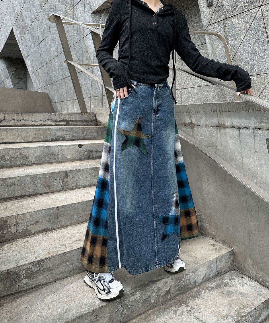 Denim Patchwork Check Skirt