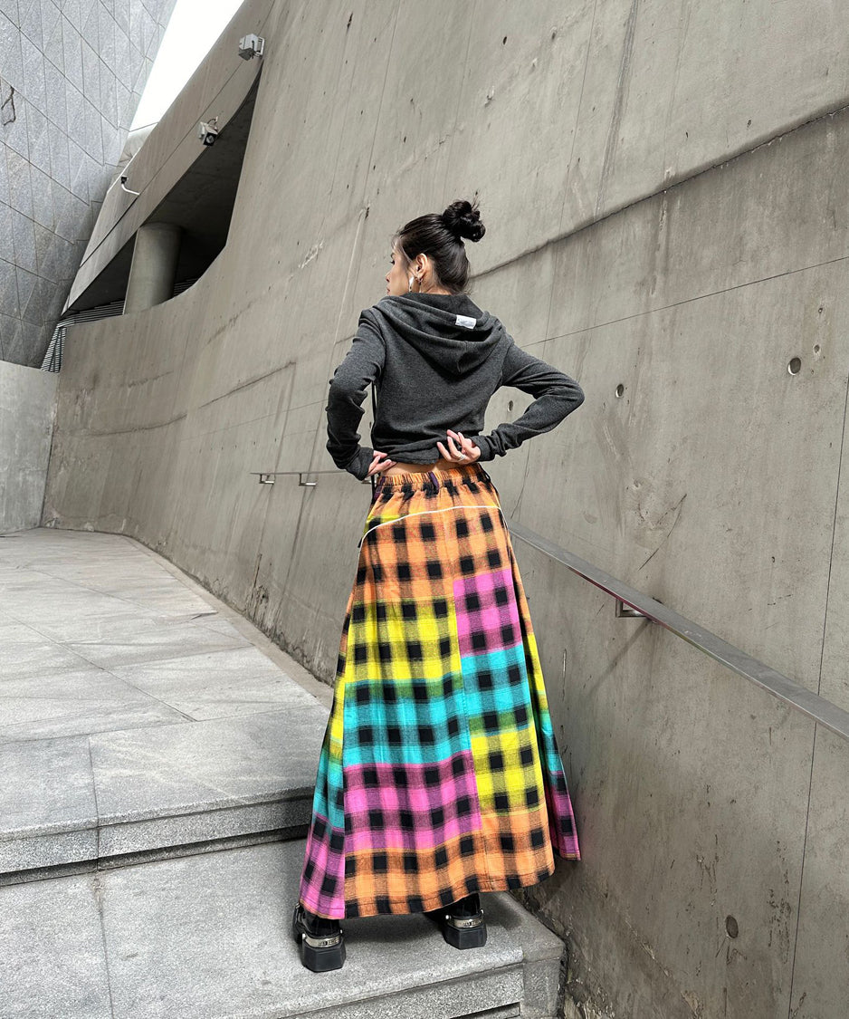 Denim Patchwork Check Skirt