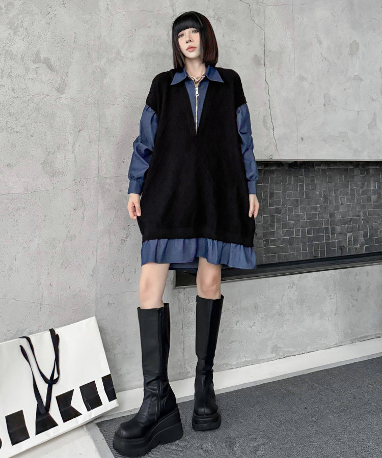 Knit Switch Denim Dress