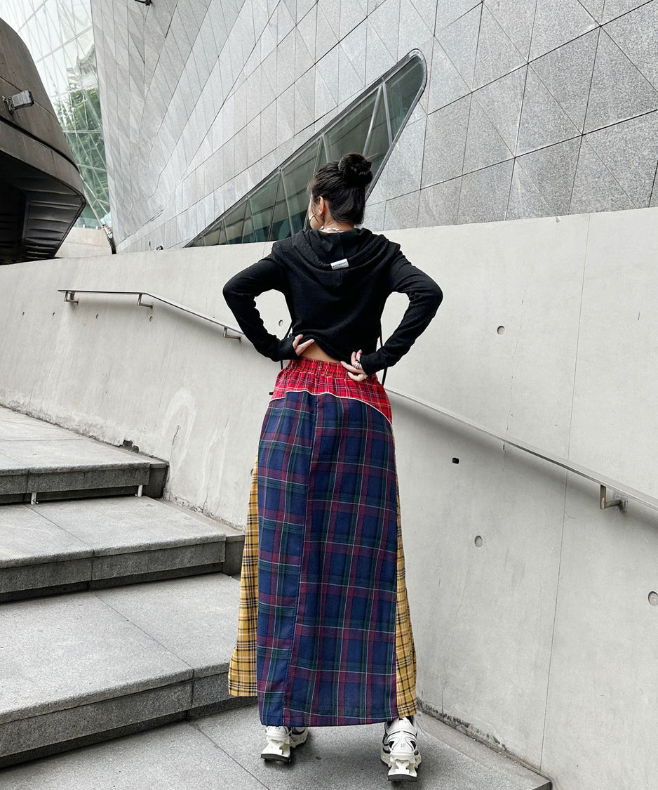 Denim Patchwork Check Skirt