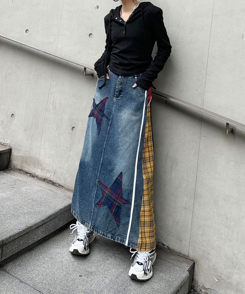 Denim Patchwork Check Skirt