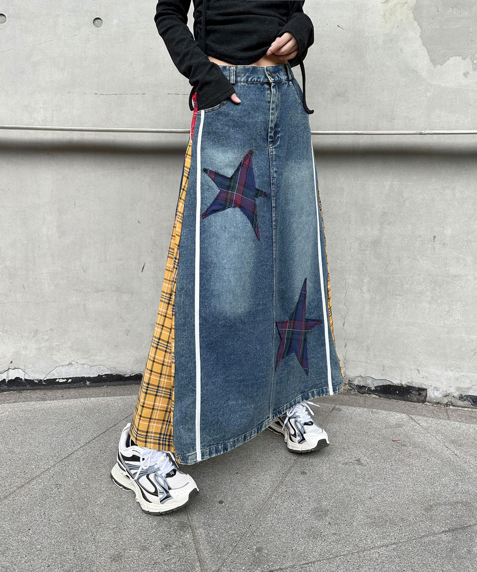 Denim Patchwork Check Skirt