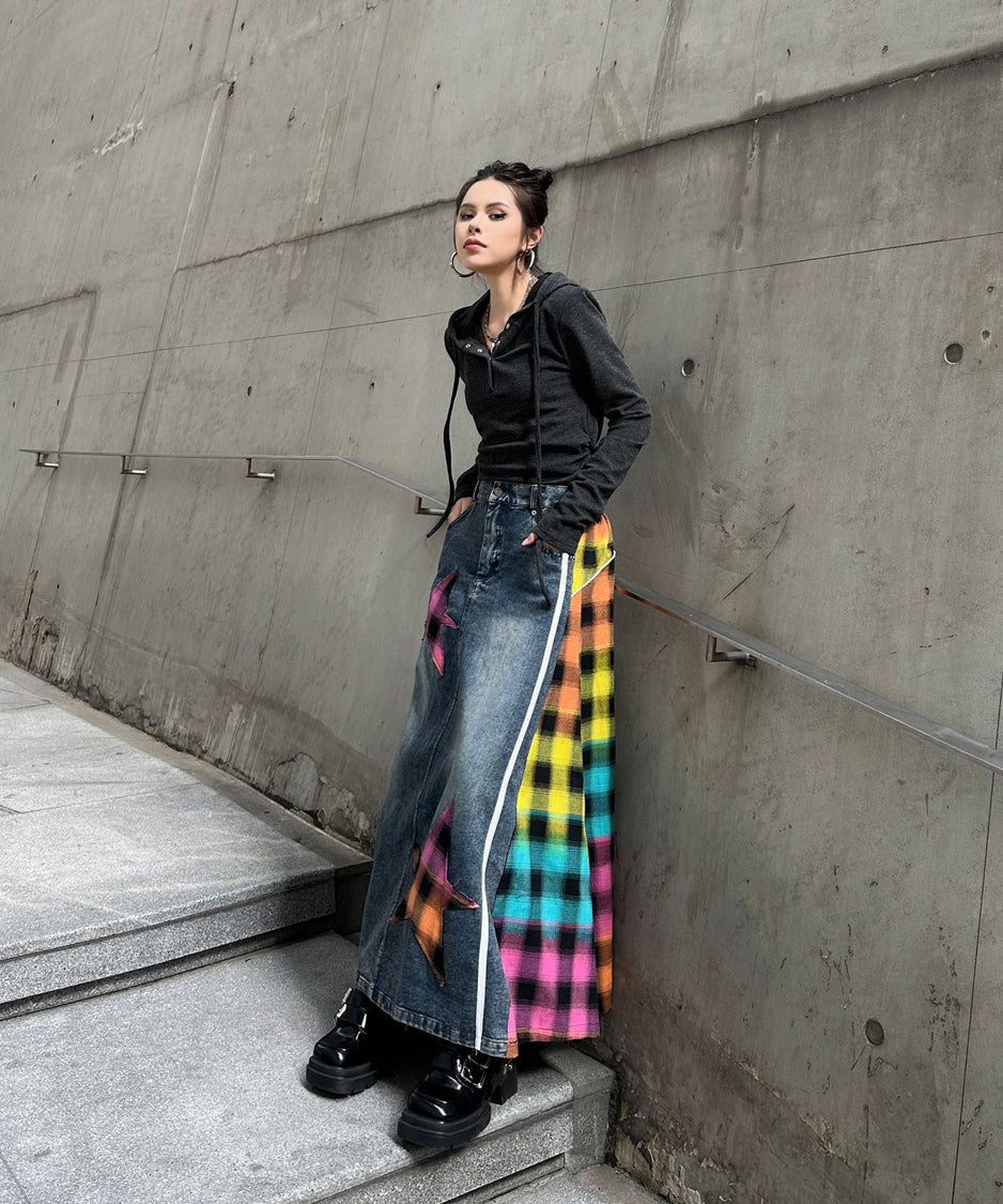 Denim Patchwork Check Skirt