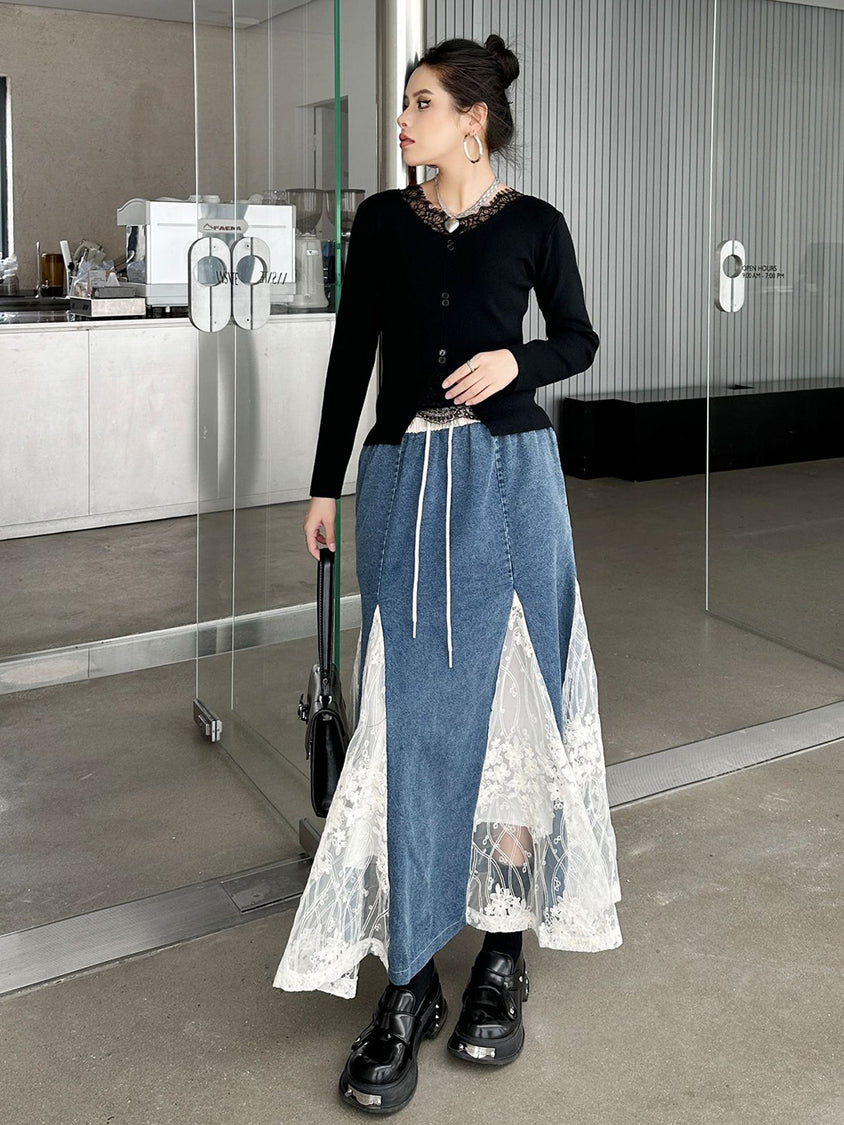 Cross Border Lace Denim Skirt