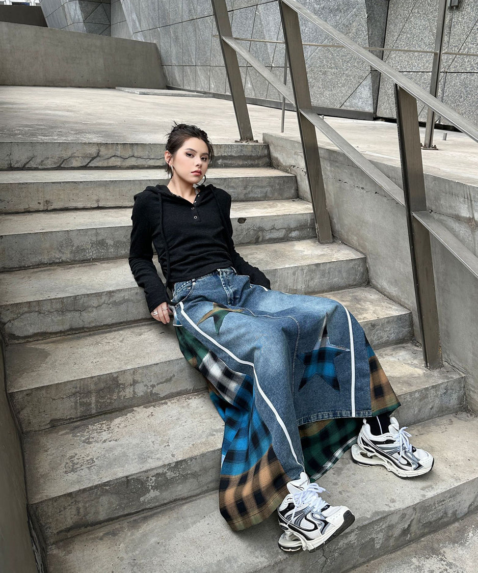 Denim Patchwork Check Skirt