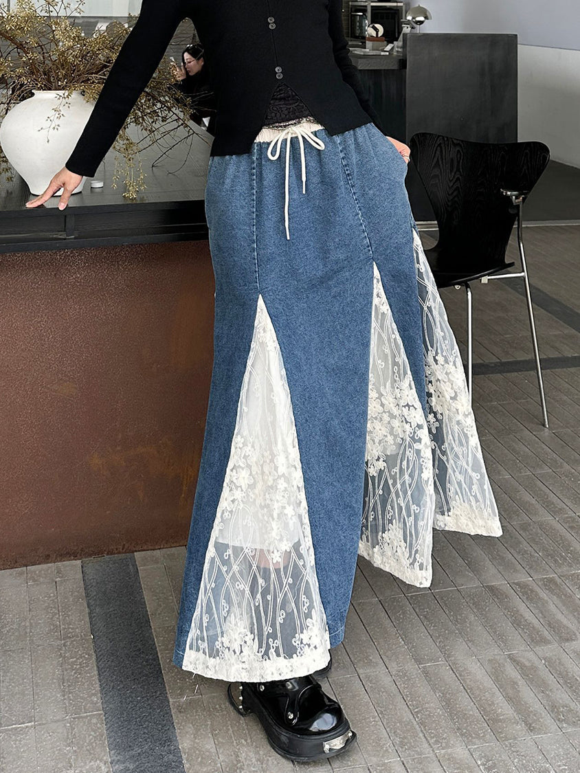 Cross Border Lace Denim Skirt