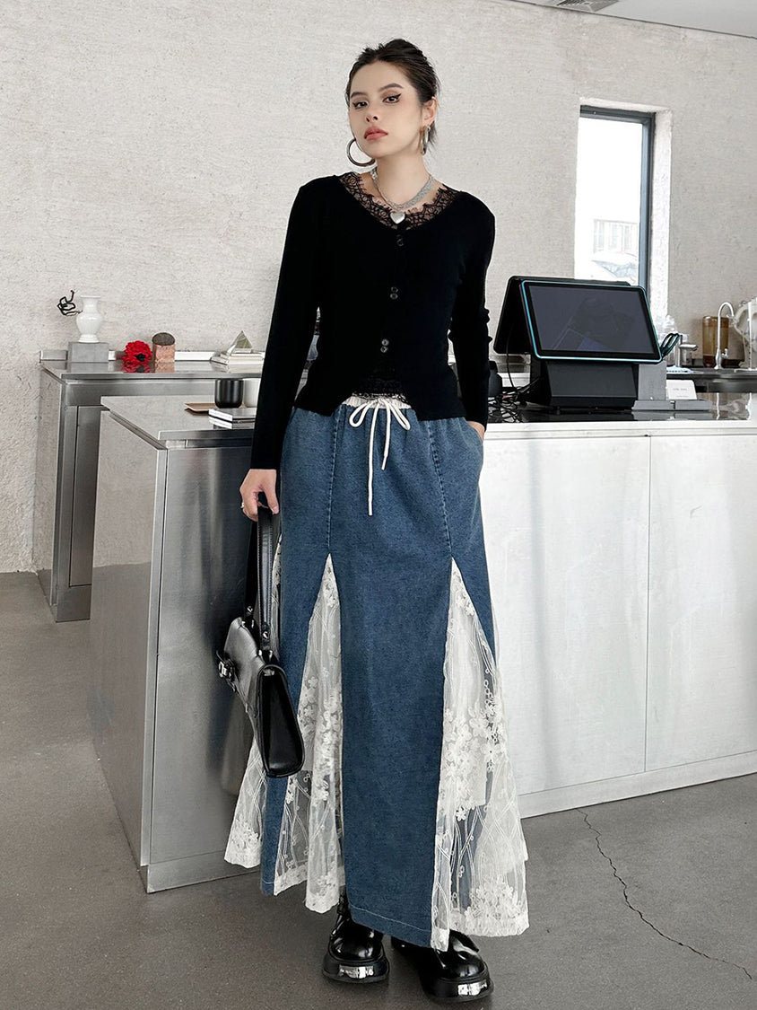 Cross Border Lace Denim Skirt