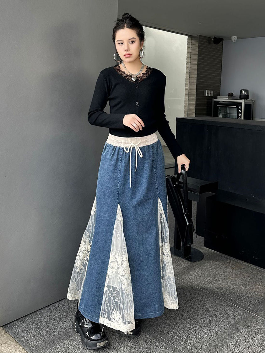 Cross Border Lace Denim Skirt
