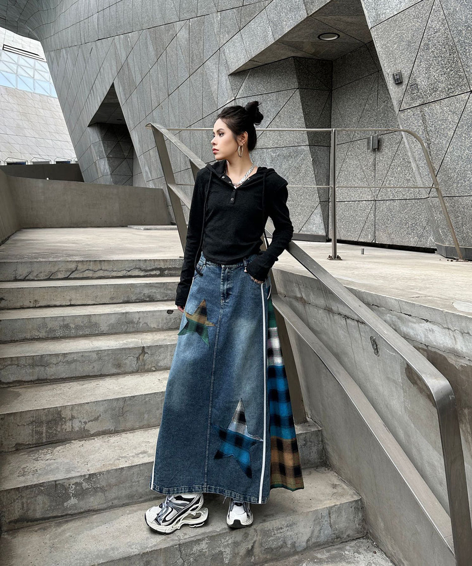 Denim Patchwork Check Skirt
