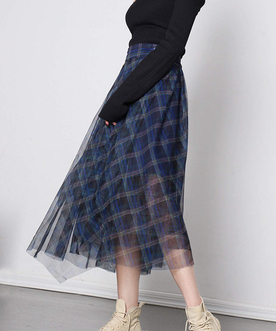 Madras Check Tulle Mesh Skirt