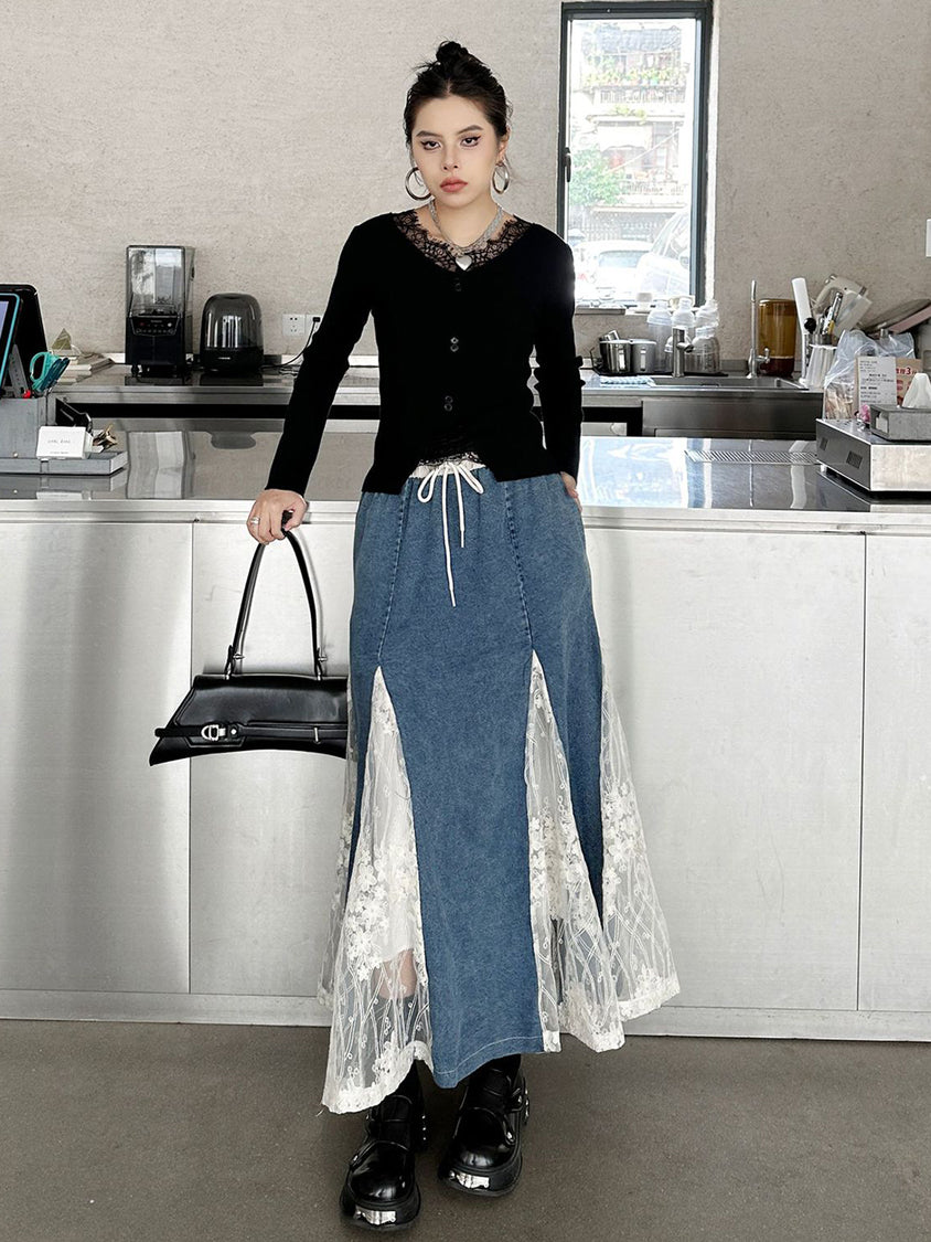 Cross Border Lace Denim Skirt