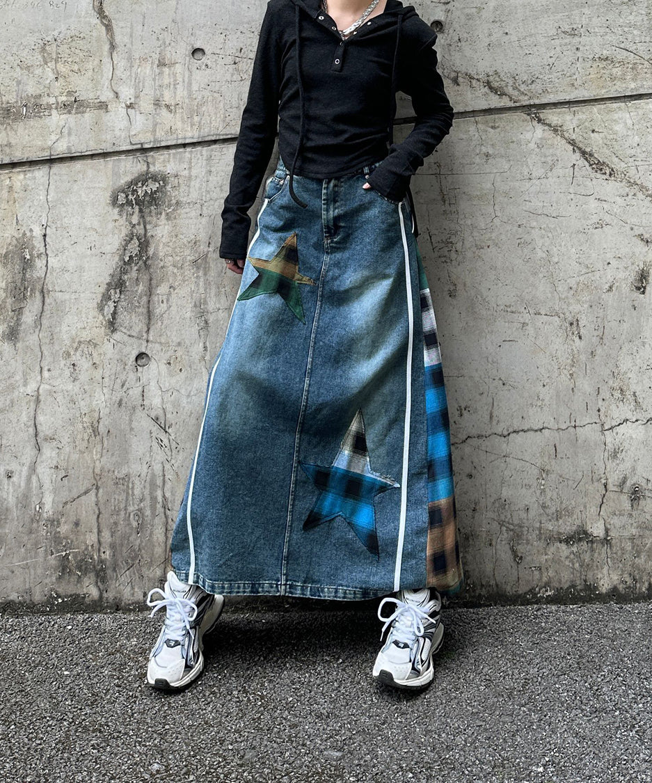 Denim Patchwork Check Skirt