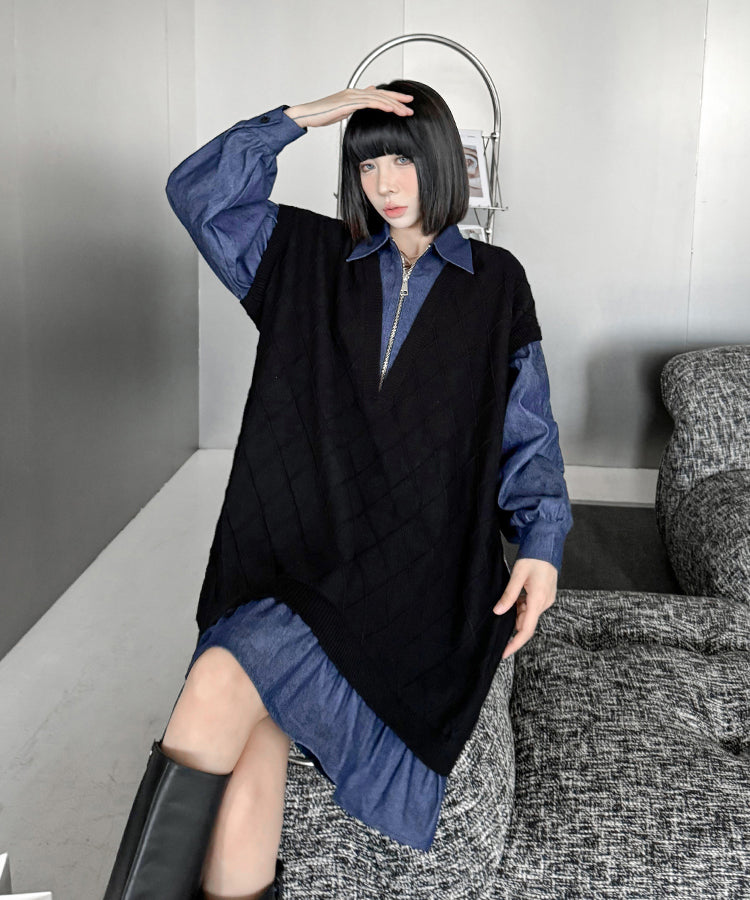 Knit Switch Denim Dress