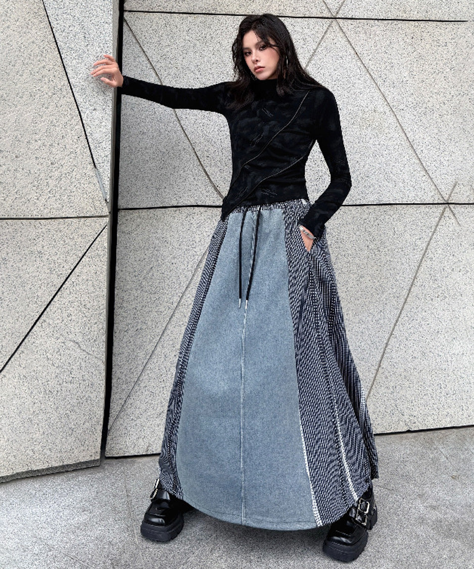 Check Splice Maxi Skirt Black 正面