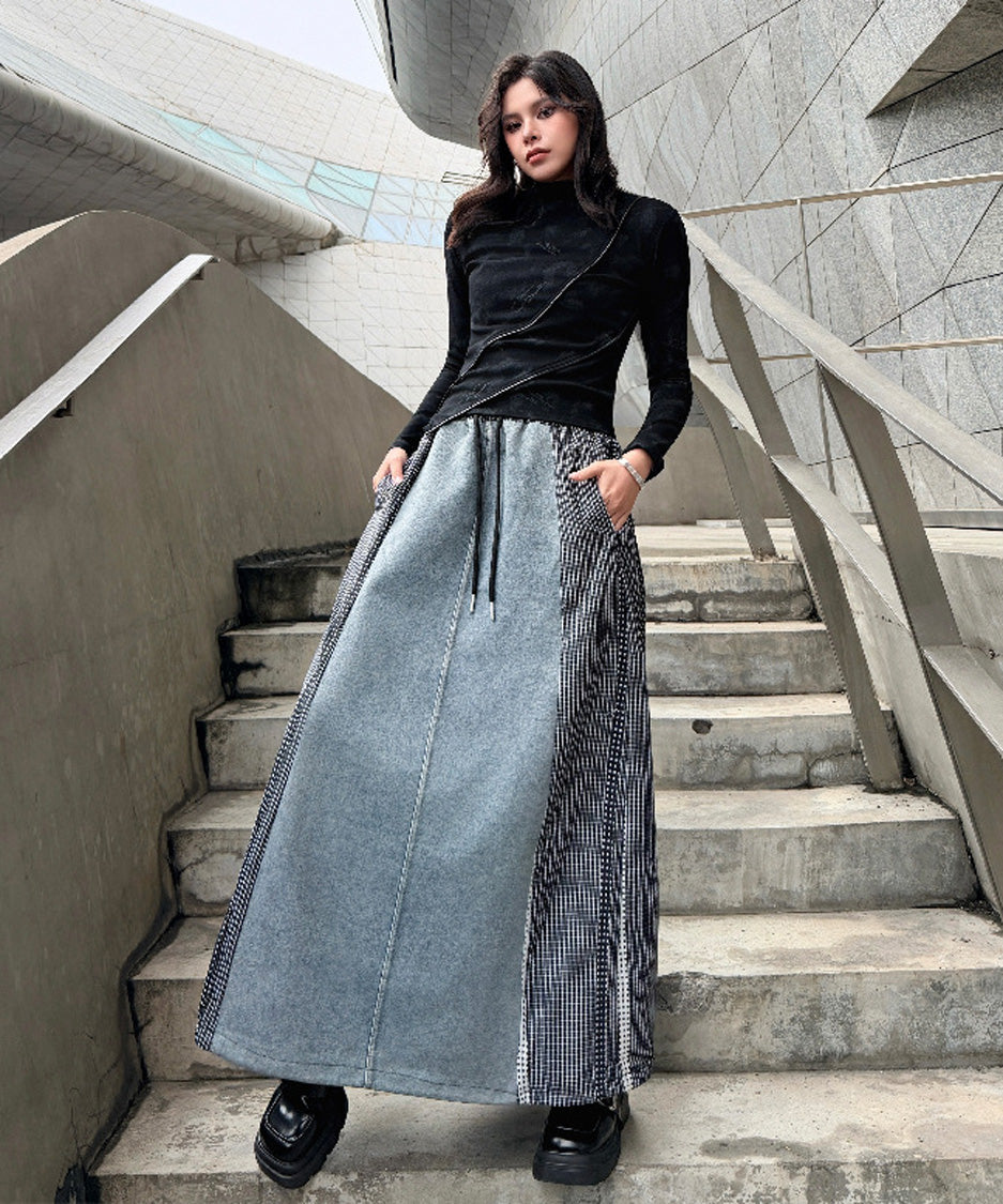 Check Splice Maxi Skirt Black 正面