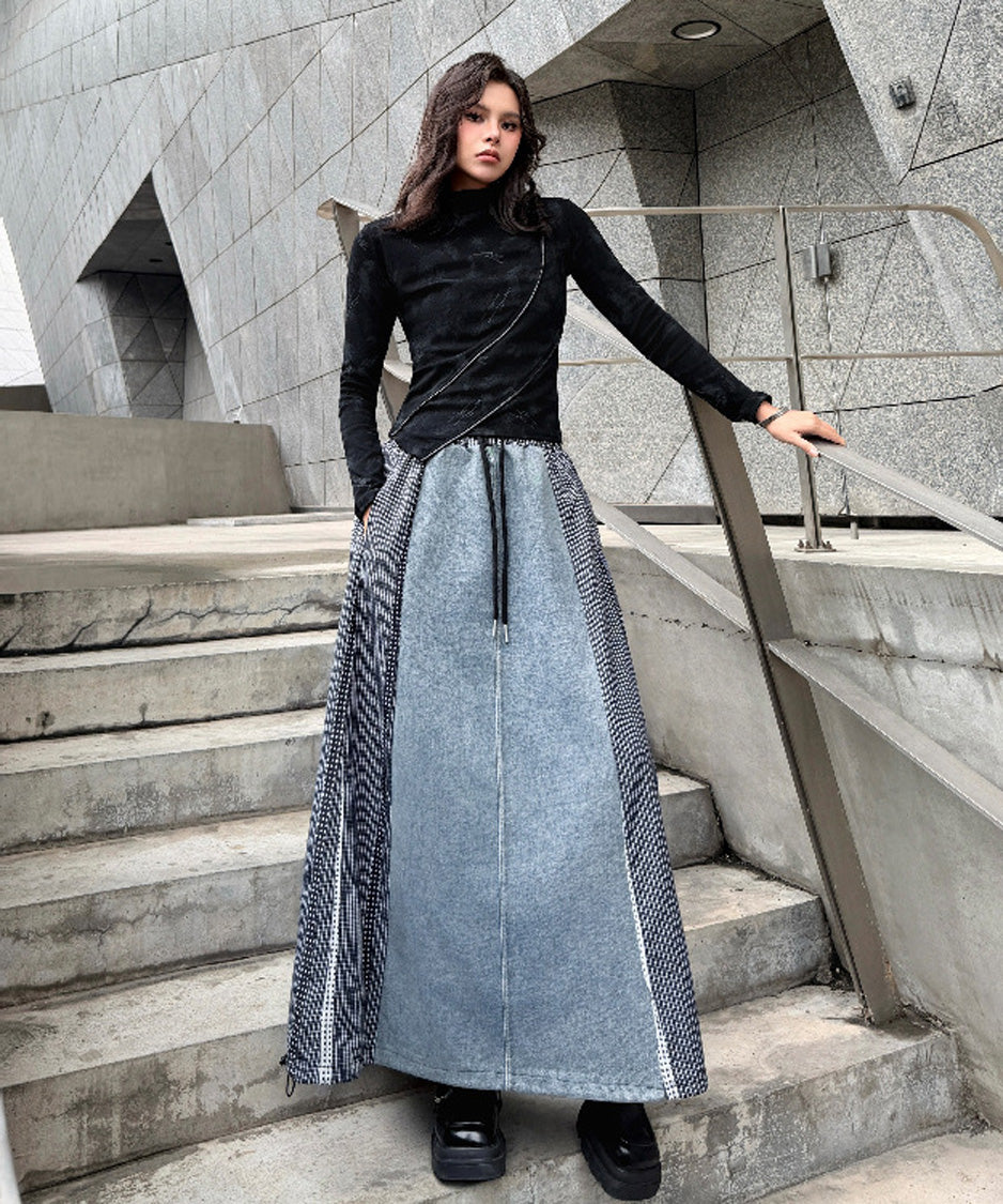 Check Splice Maxi Skirt Black 正面