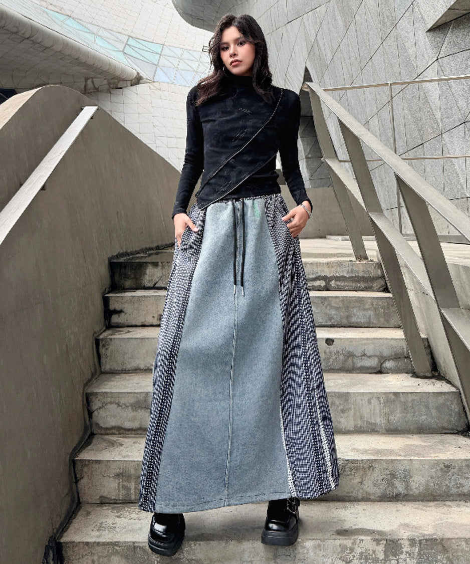 Check Splice Maxi Skirt Black 正面