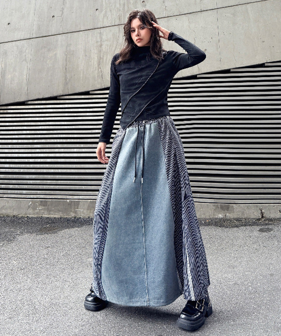 Check Splice Maxi Skirt Black 正面