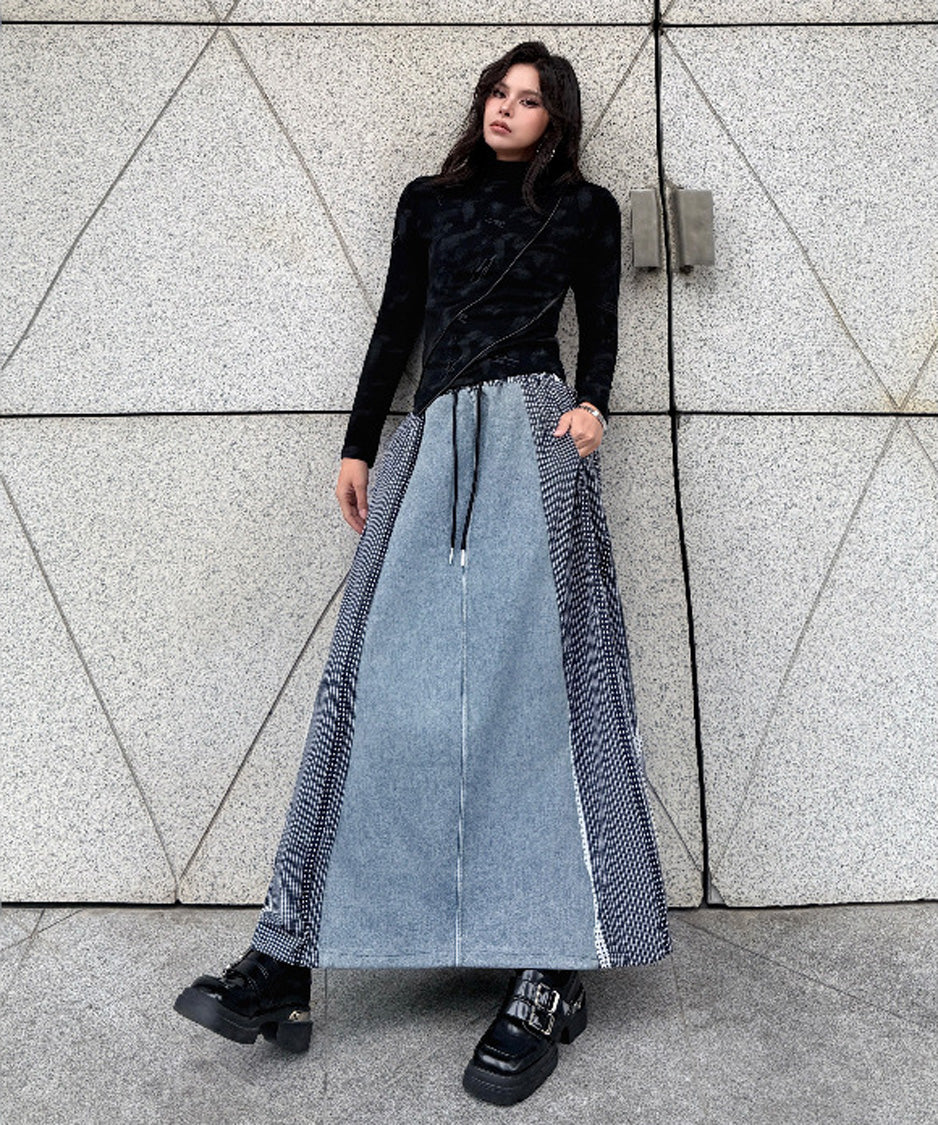 Check Splice Maxi Skirt Black 正面