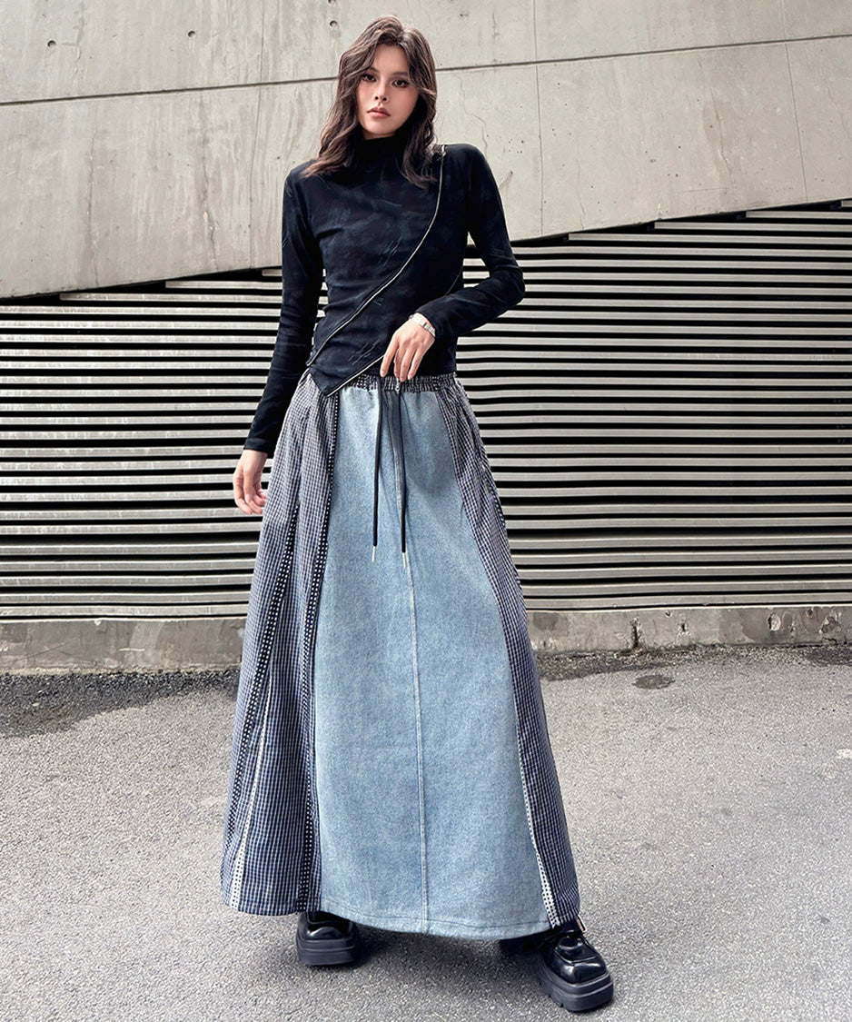 Check Splice Maxi Skirt Black 正面