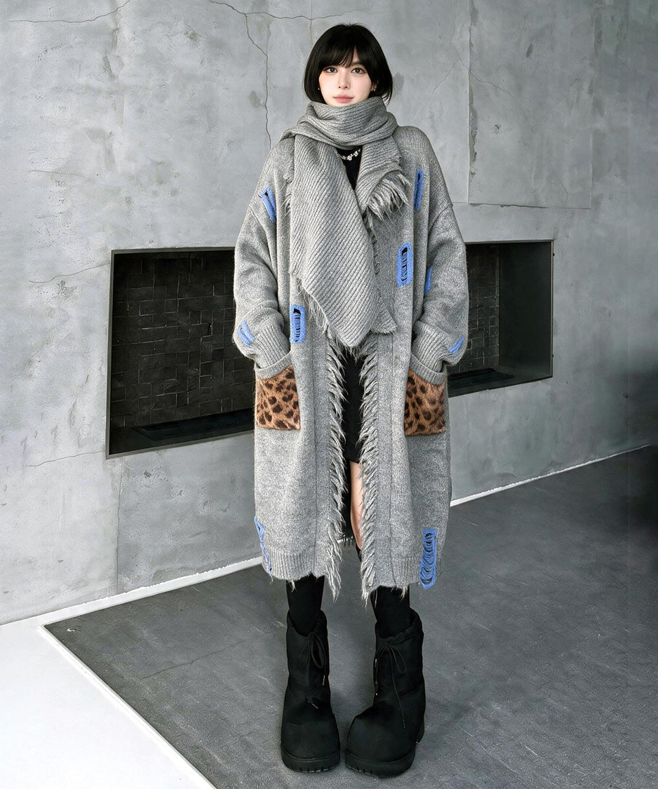 Mended Fringe Cardigan Gray 正面