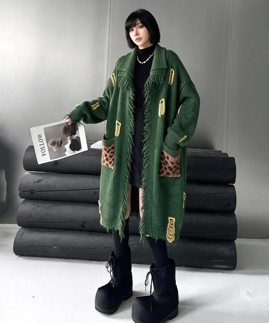 Mended Fringe Cardigan Green 正面