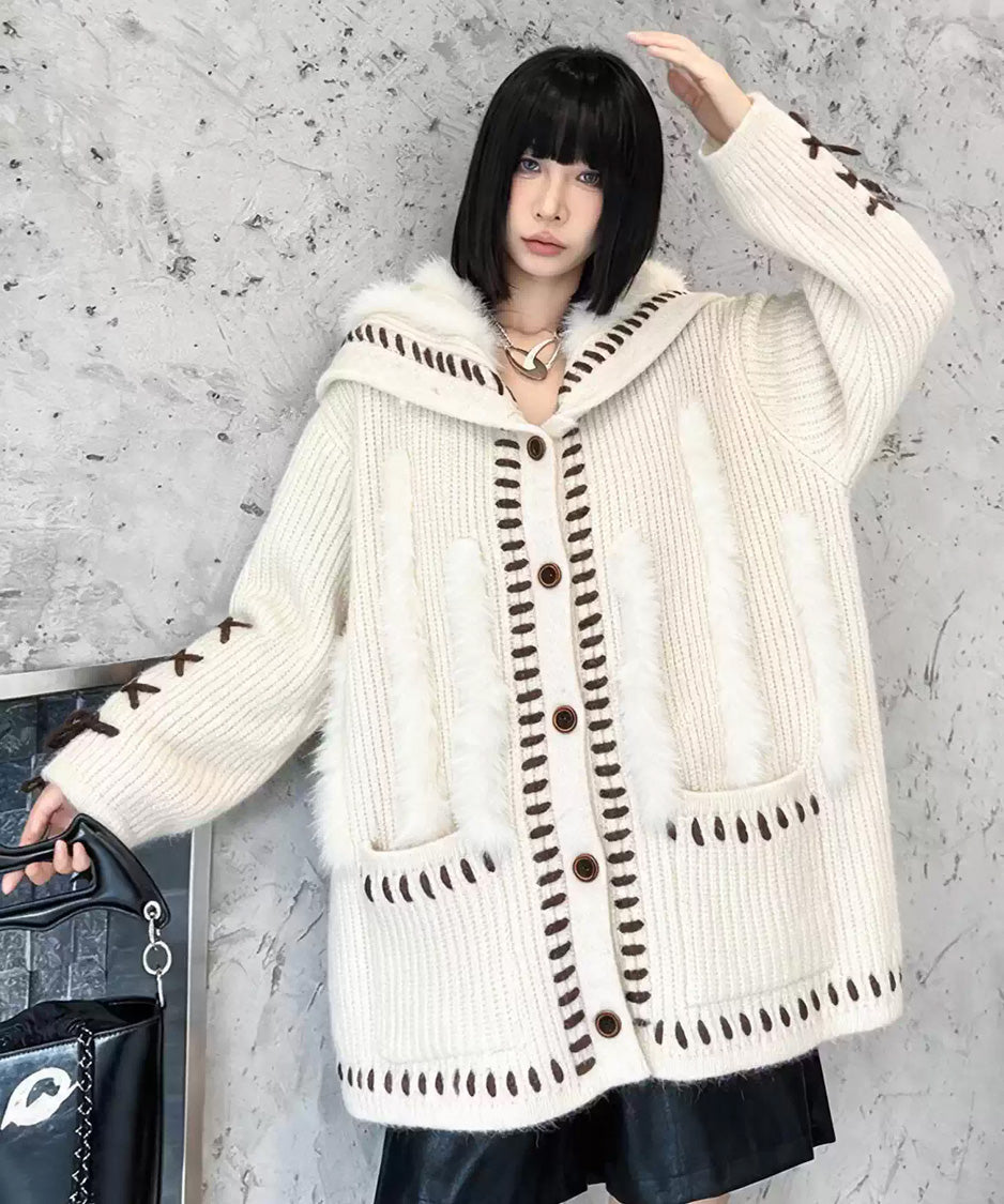 TA-1616 Cordrim Sailor Cardigan 編み地とステッチのアップ 4