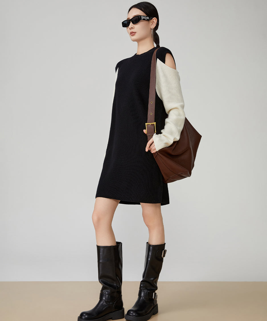 Contrast Color Off-shoulder Knit Dress