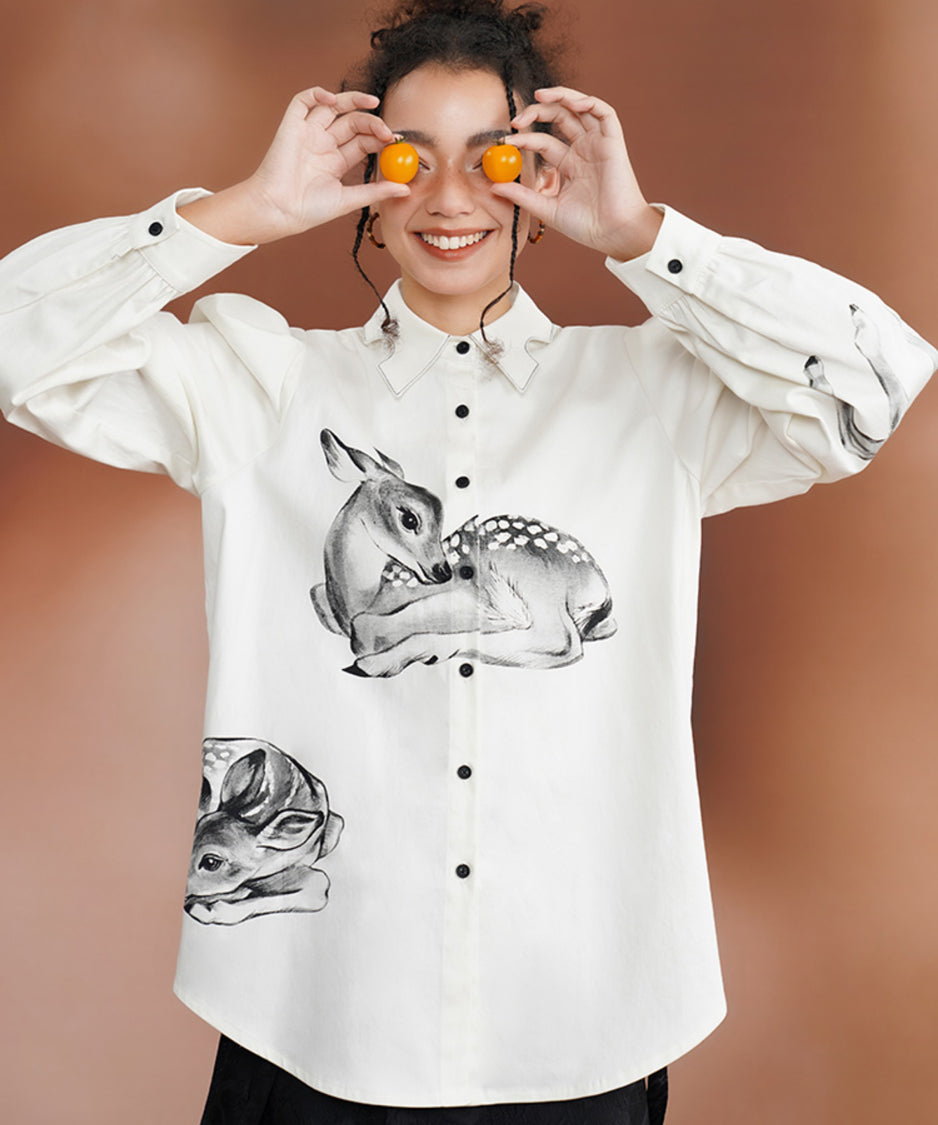 Deer Print Puff Sleeve Blouse
