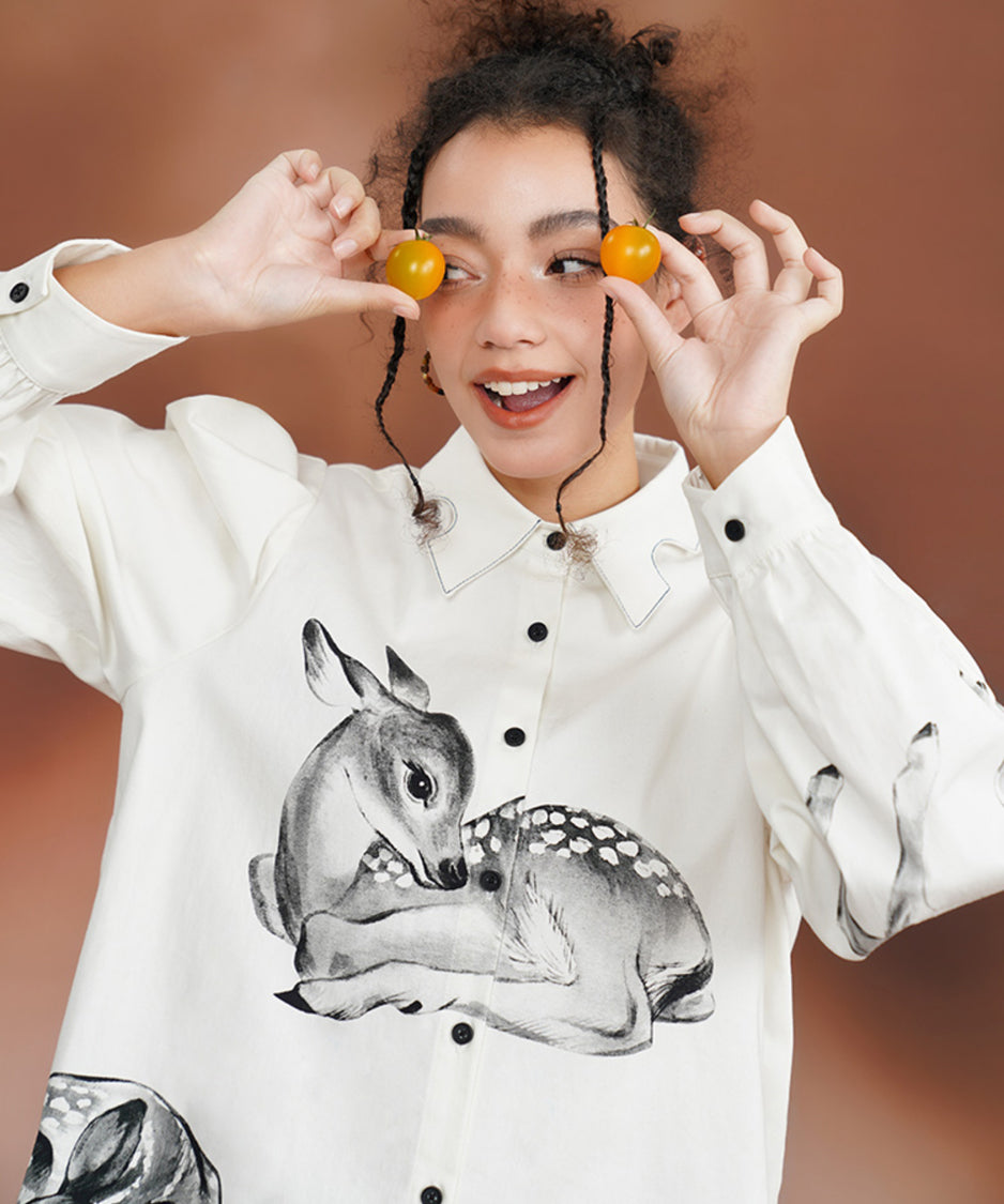 Deer Print Puff Sleeve Blouse