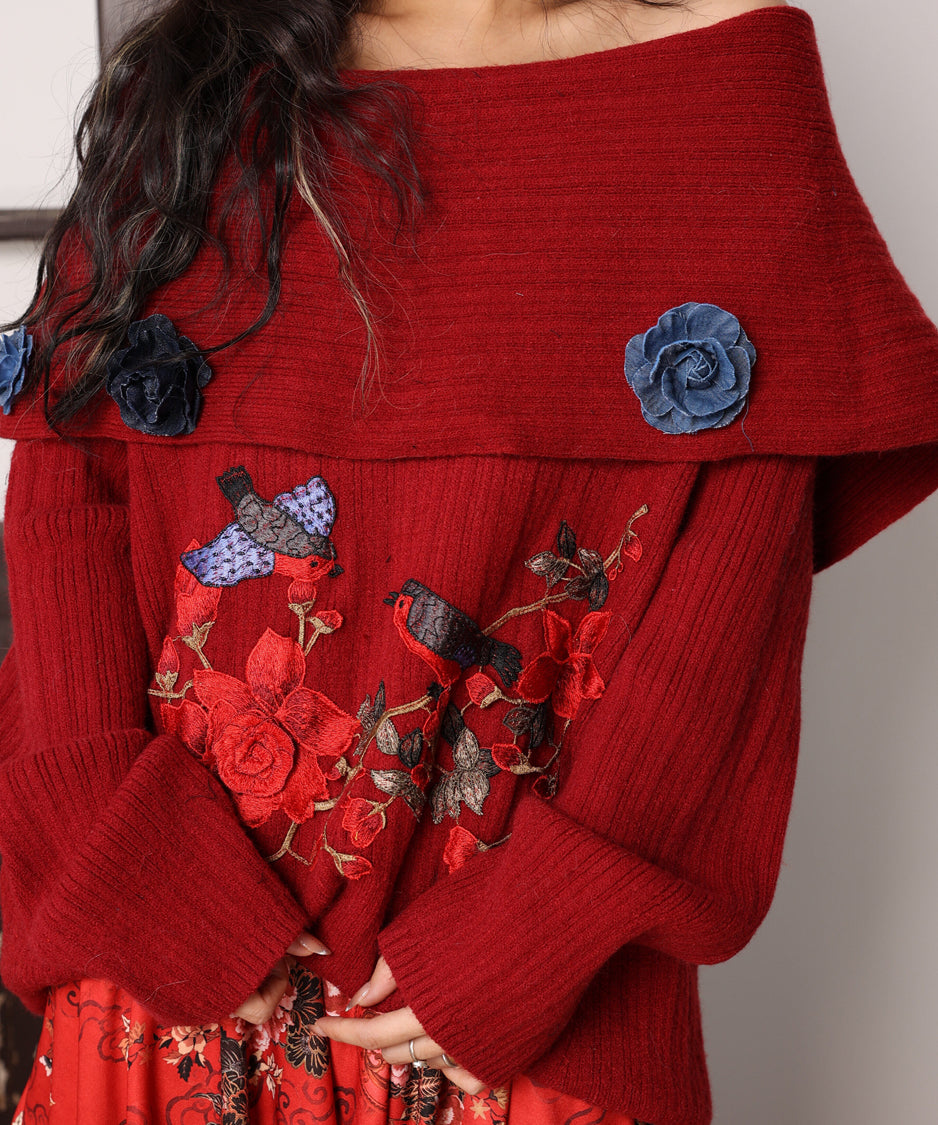 Embroidered Flower Off-Shoulder Knit