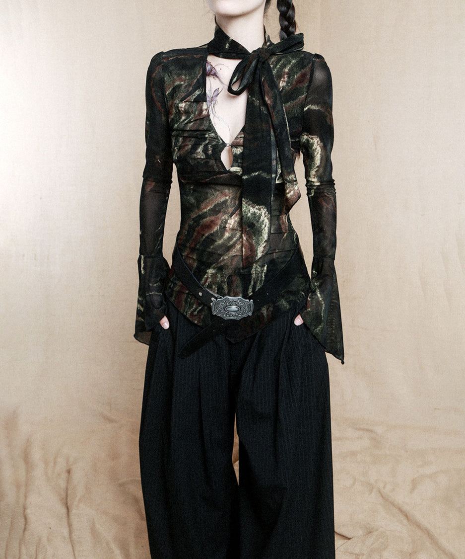 Low-neck Bow See-through Top