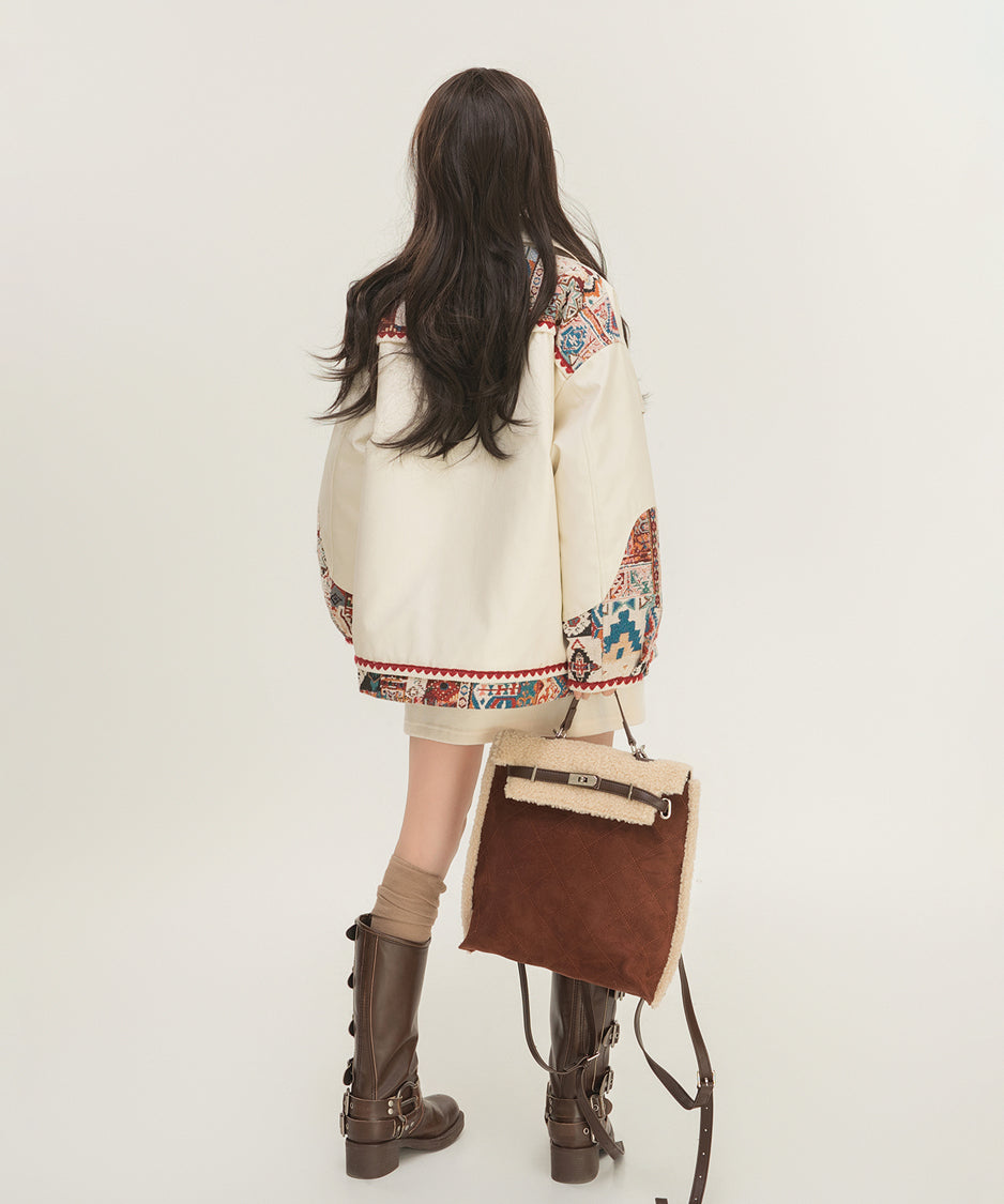 Jacquard Splicing Faux Leather Jacket
