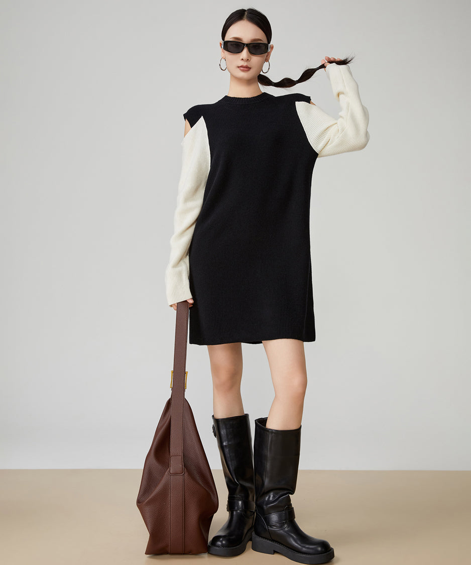Contrast Color Off-shoulder Knit Dress