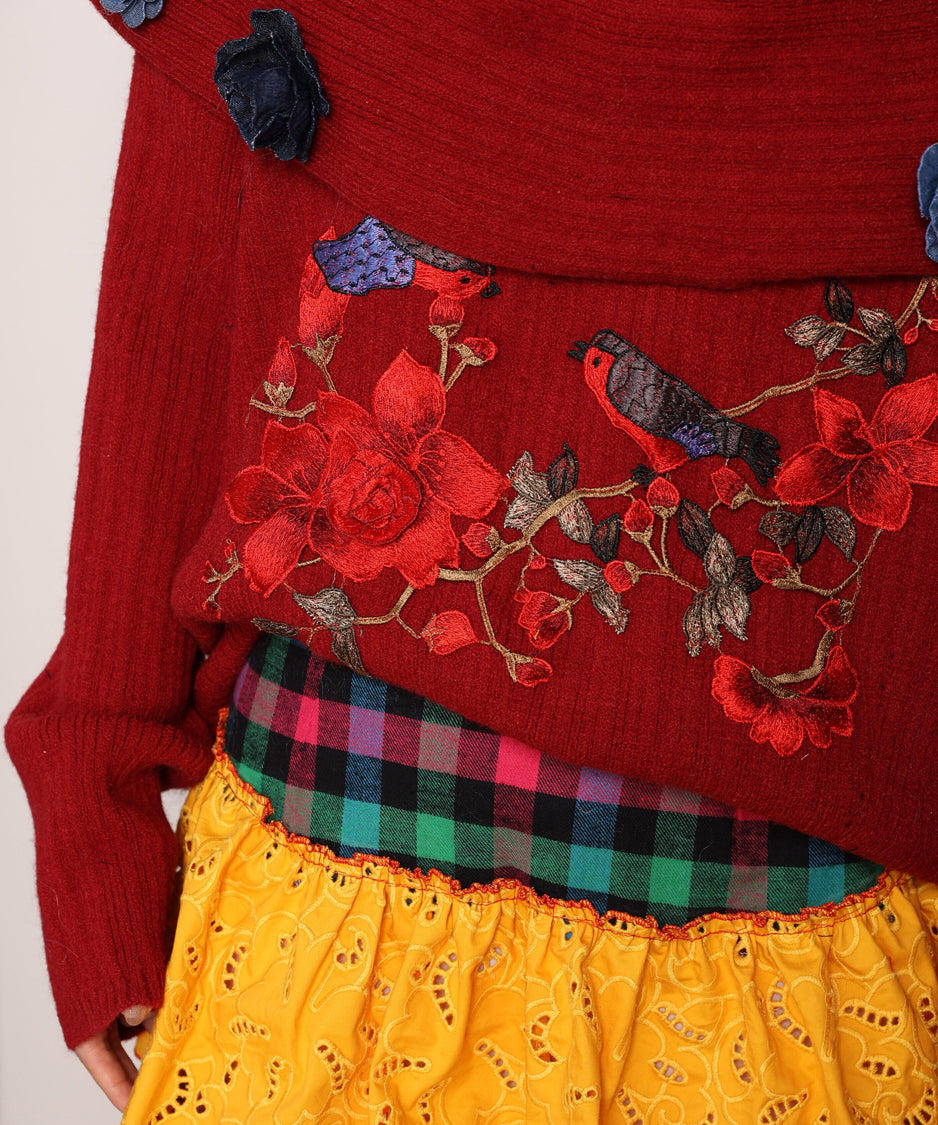 Embroidered Flower Off-Shoulder Knit
