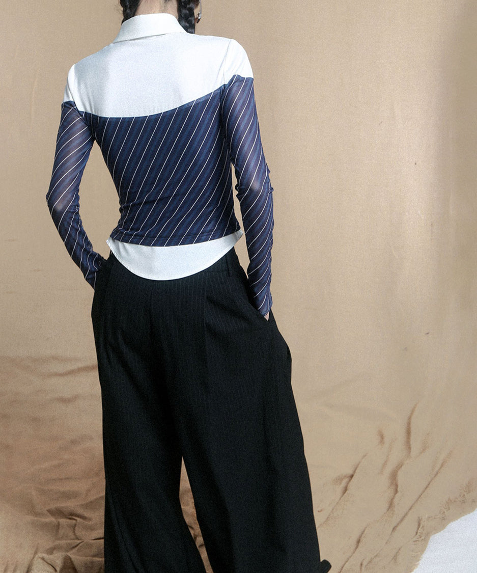 Diagonal Striped Tie Blouse