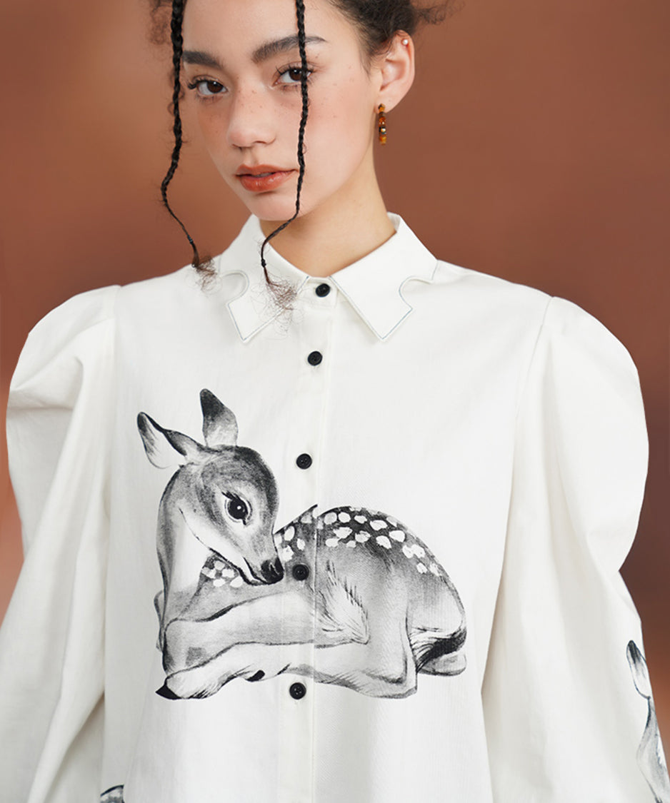 Deer Print Puff Sleeve Blouse
