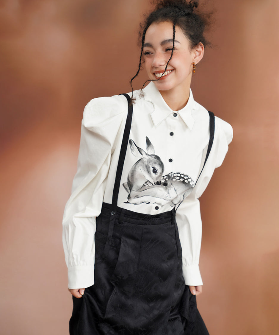 Deer Print Puff Sleeve Blouse