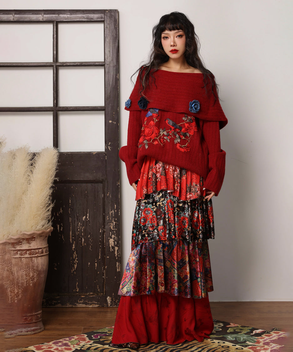 Embroidered Flower Off-Shoulder Knit