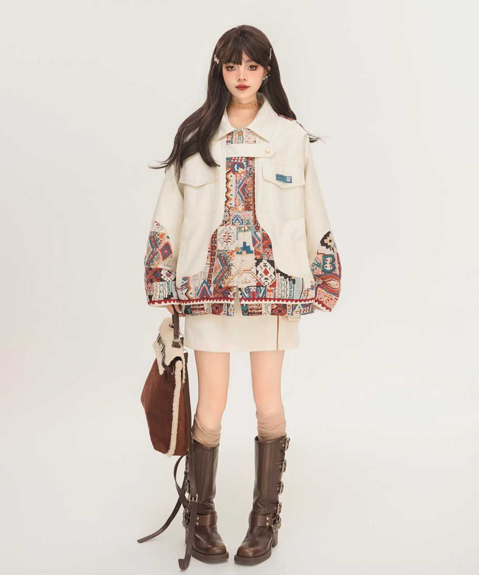 Jacquard Splicing Faux Leather Jacket