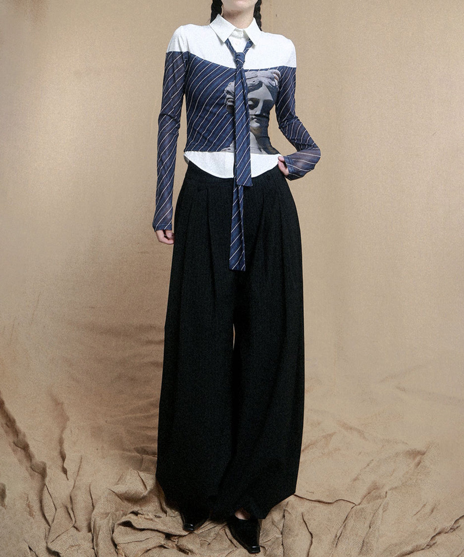 Diagonal Striped Tie Blouse