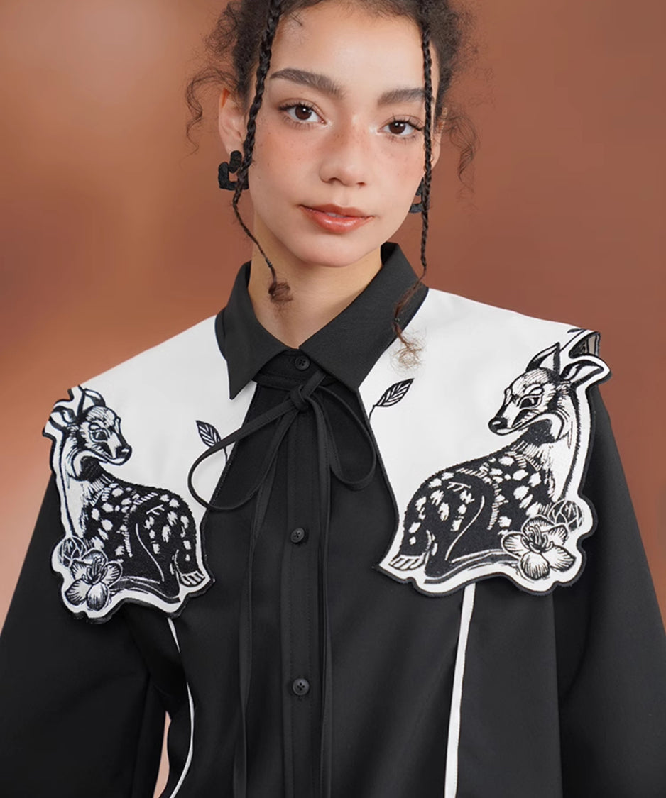 Deer Embroidery Collar Blouse
