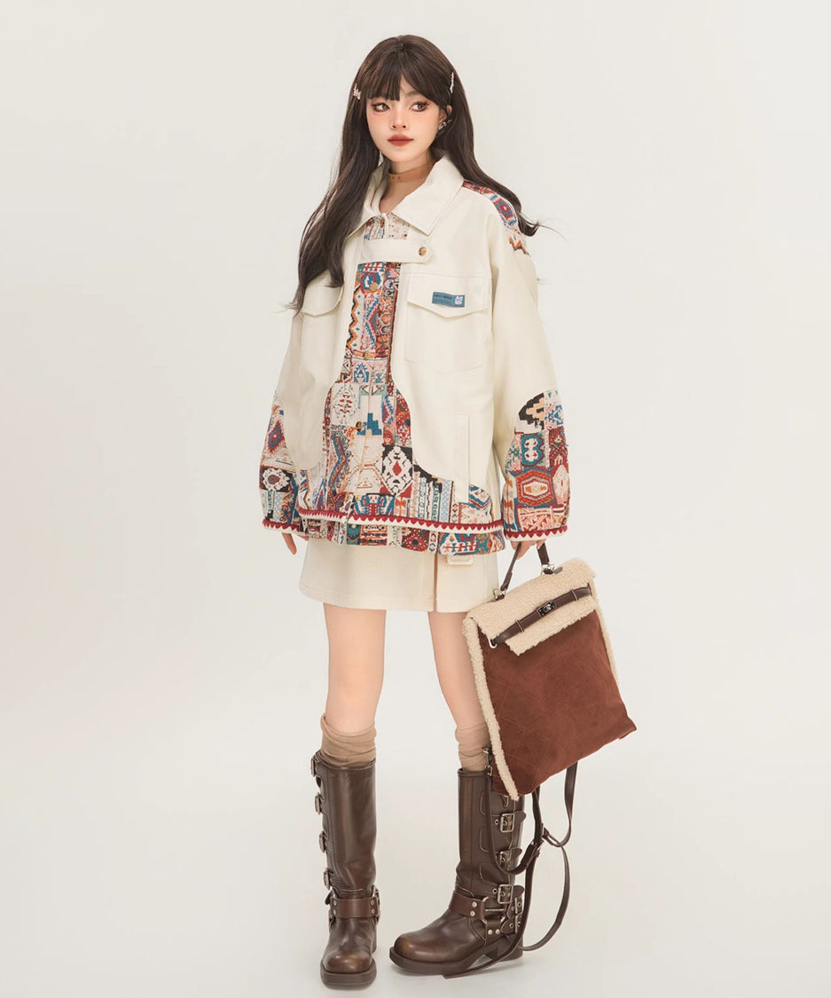 Jacquard Splicing Faux Leather Jacket