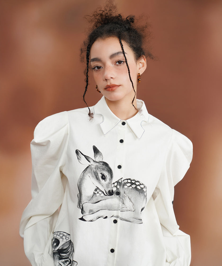 Deer Print Puff Sleeve Blouse