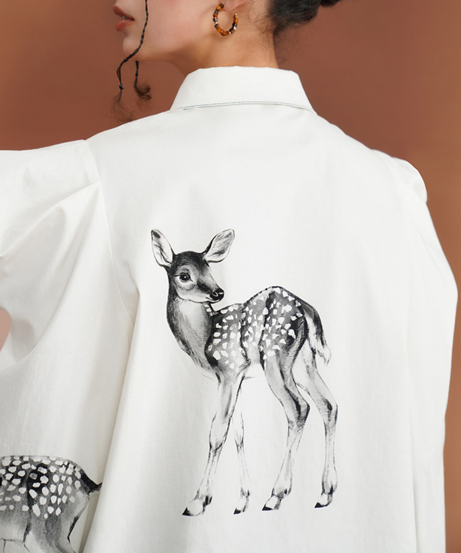 Deer Print Puff Sleeve Blouse