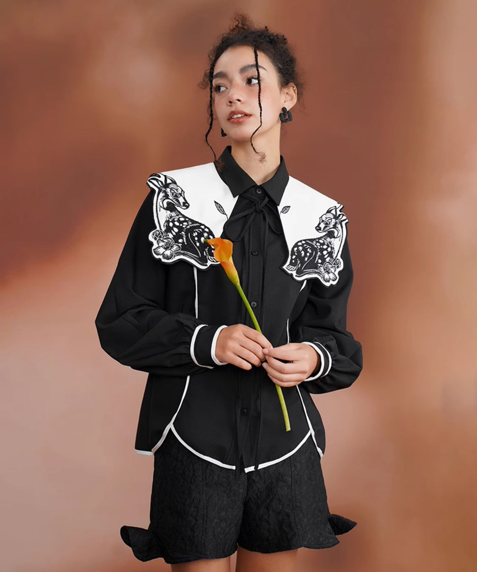Deer Embroidery Collar Blouse