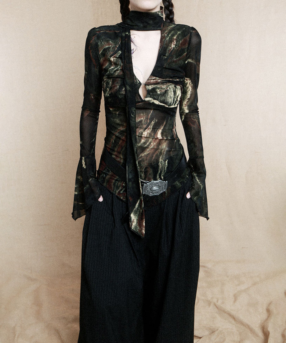 Low-neck Bow See-through Top