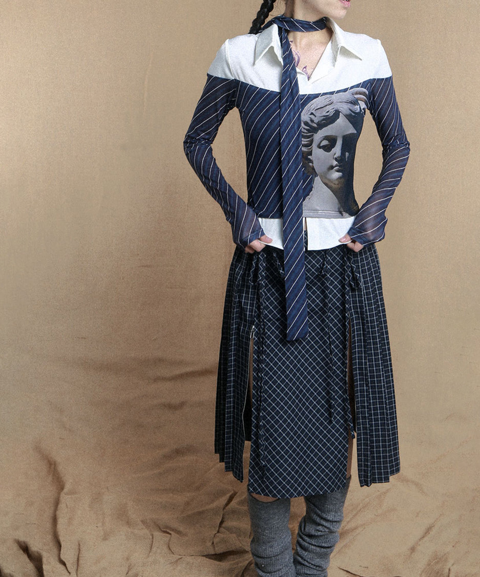 Diagonal Striped Tie Blouse
