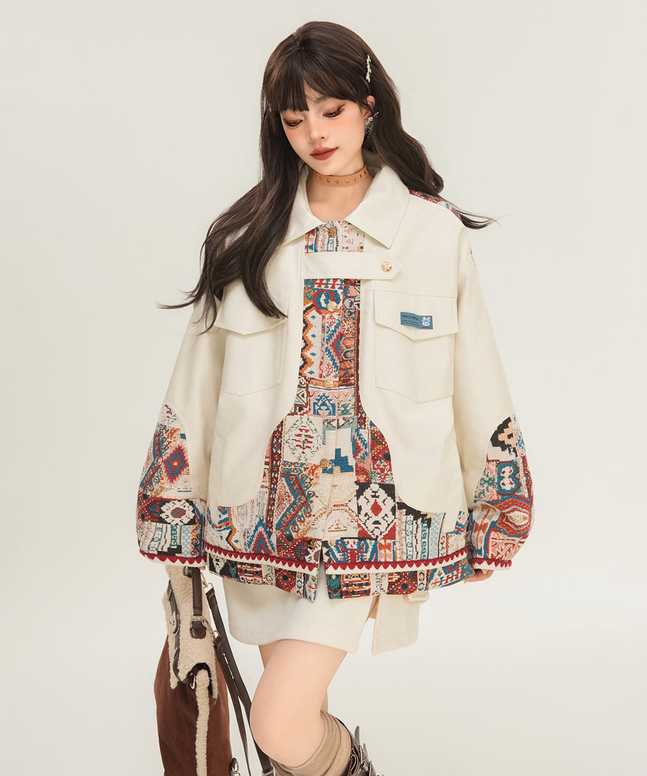 Jacquard Splicing Faux Leather Jacket