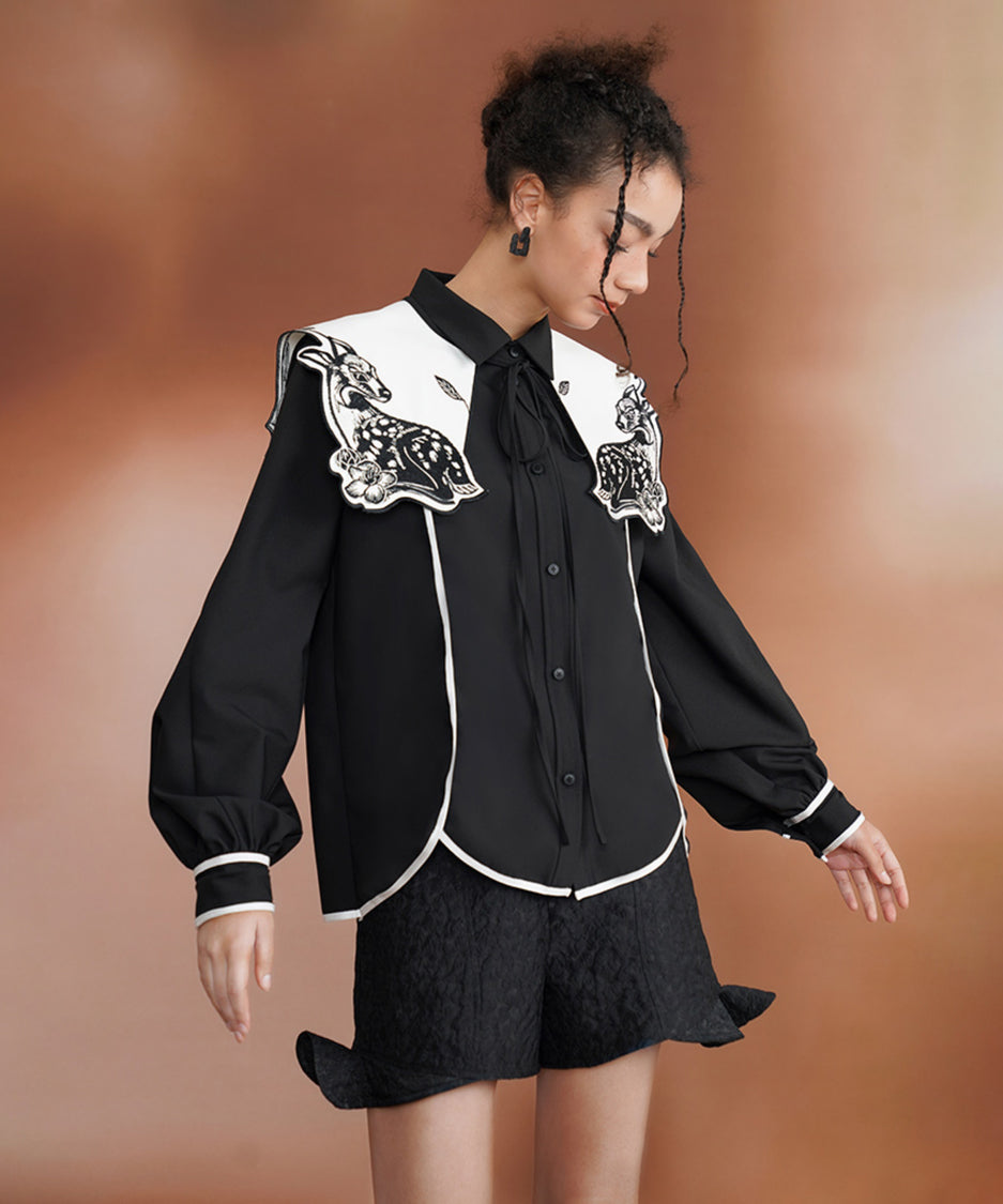 Deer Embroidery Collar Blouse